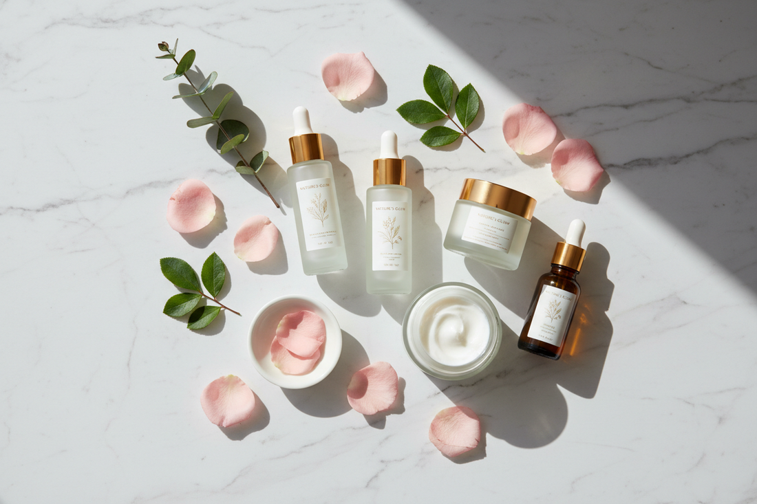 Flat lay of unlabelled skincare bottles and jars with pink rose petals and green leaves on white marble