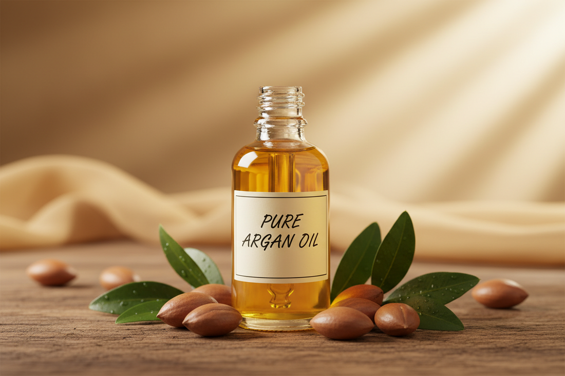 Dropper bottle of golden oil surrounded by argan nuts and green leaves on a wooden surface