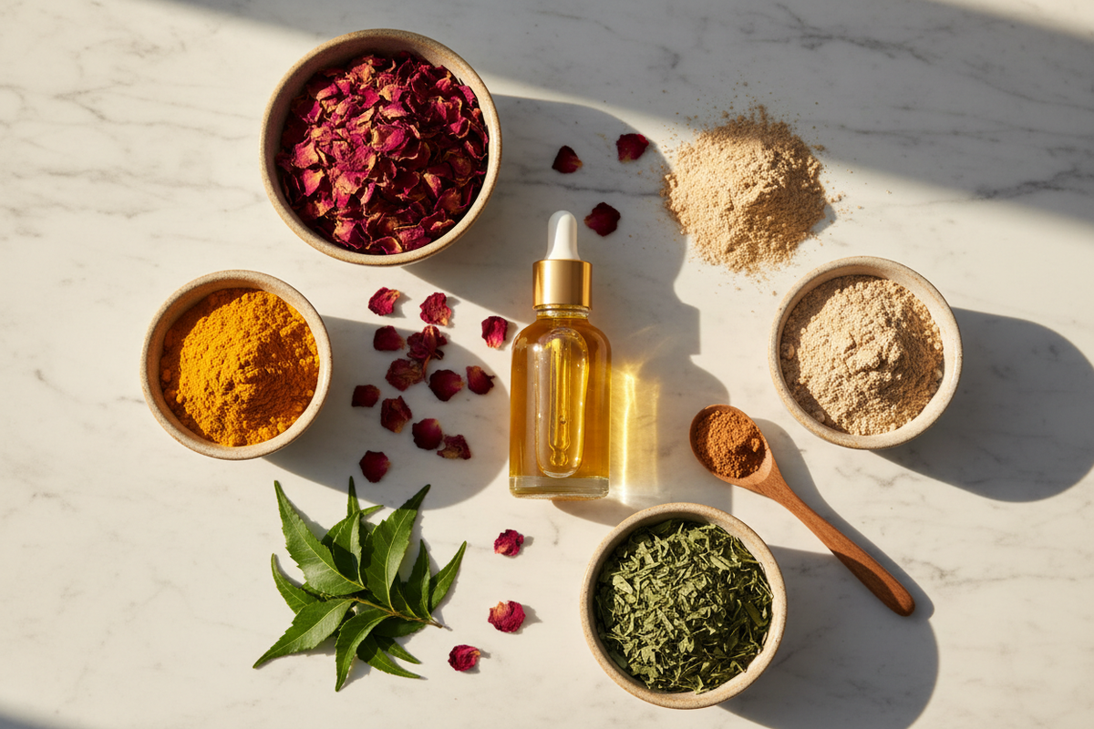 Overhead view of bowls of dried rose petals, powders and herbs beside a dropper bottle and green leaves on white marble