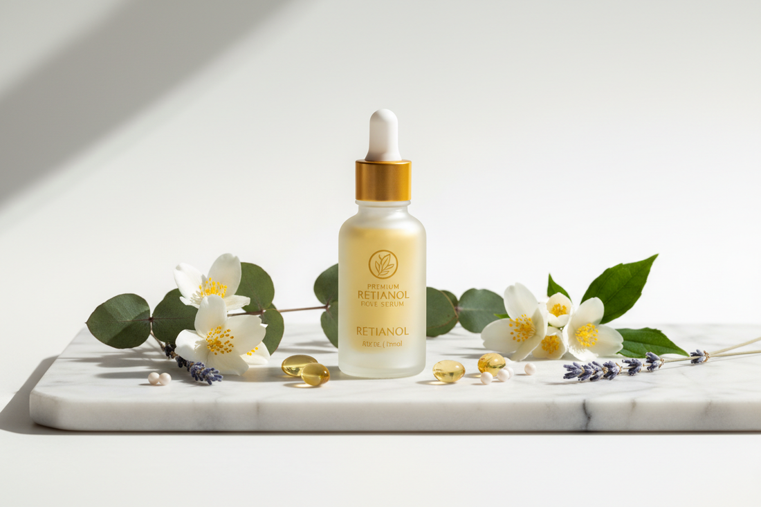 Dropper bottle on a white marble tray with white flowers and sprigs of lavender
