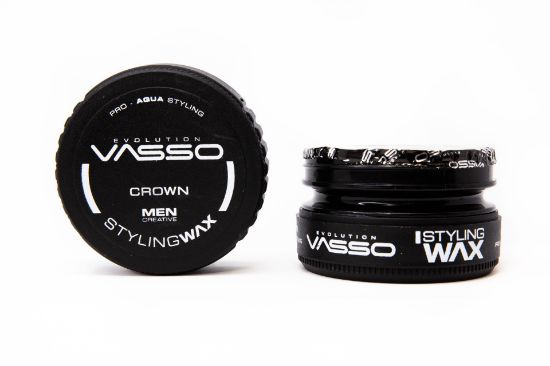 Two round black tins labeled Vasso Evolution Crown Men Creative Styling Wax, one shown with its lid off and one with a sealed lid, on a white backdrop.