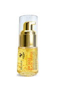 Clear glass pump bottle containing gold-flecked yellow serum, with a gold pump top and clear cap, labeled Vital Skin London 24K Gold Black Truffle Anti-Aging & Firming Serum, 30ml 1.05 fl.oz, on a white background.