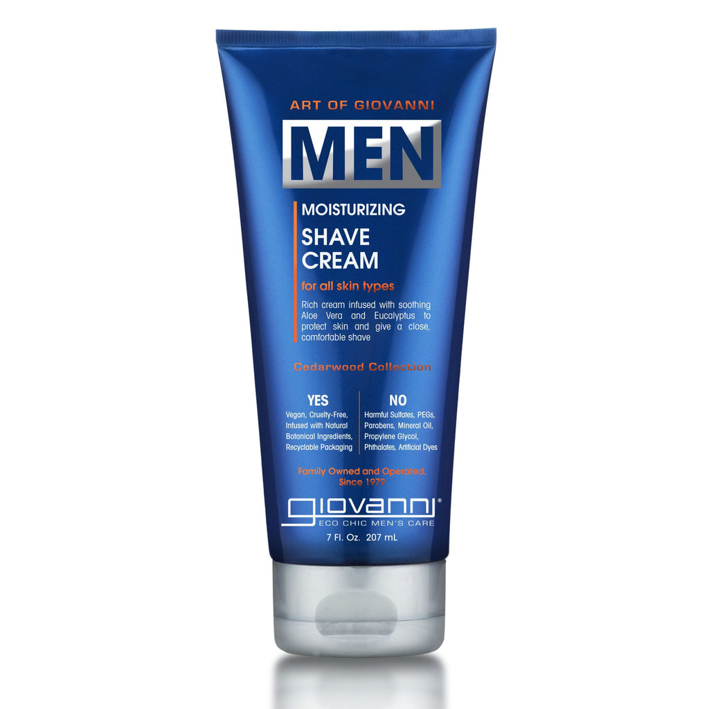 Blue squeeze tube with silver cap labeled Art of Giovanni MEN Moisturizing Shave Cream for all skin types, Cedarwood Collection, 7 Fl. Oz. 207 mL, on a white background.
