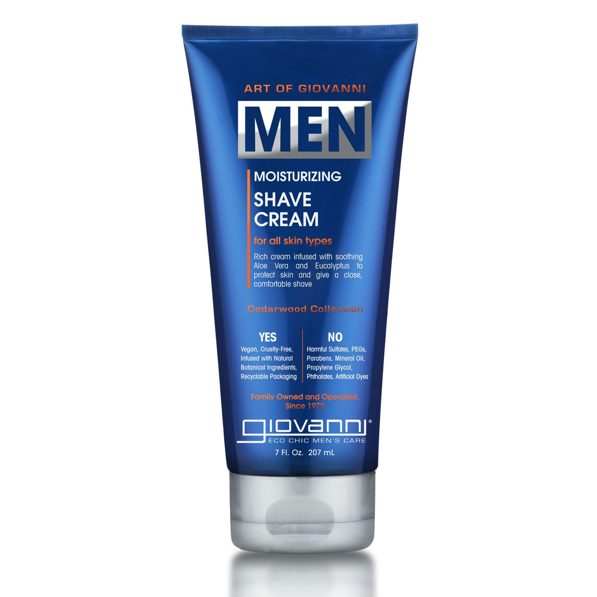 Blue squeeze tube with silver cap labeled Art of Giovanni MEN Moisturizing Shave Cream for all skin types, Cedarwood Collection, 7 Fl. Oz. 207 mL, on a white background.