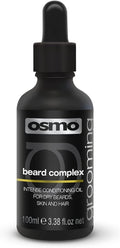Black glass dropper bottle labeled OSMO Grooming Beard Complex, Intense Conditioning Oil for Dry Beards, Skin and Hair, 100ml, on a white background.