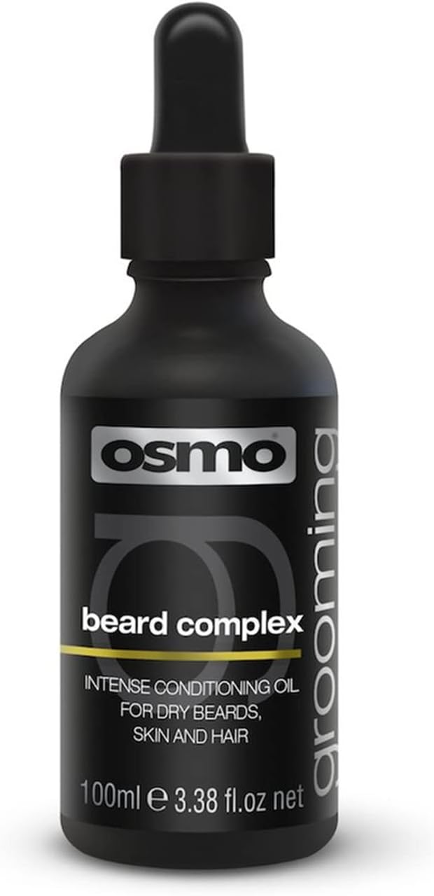 Black glass dropper bottle labeled OSMO Grooming Beard Complex, Intense Conditioning Oil for Dry Beards, Skin and Hair, 100ml, on a white background.