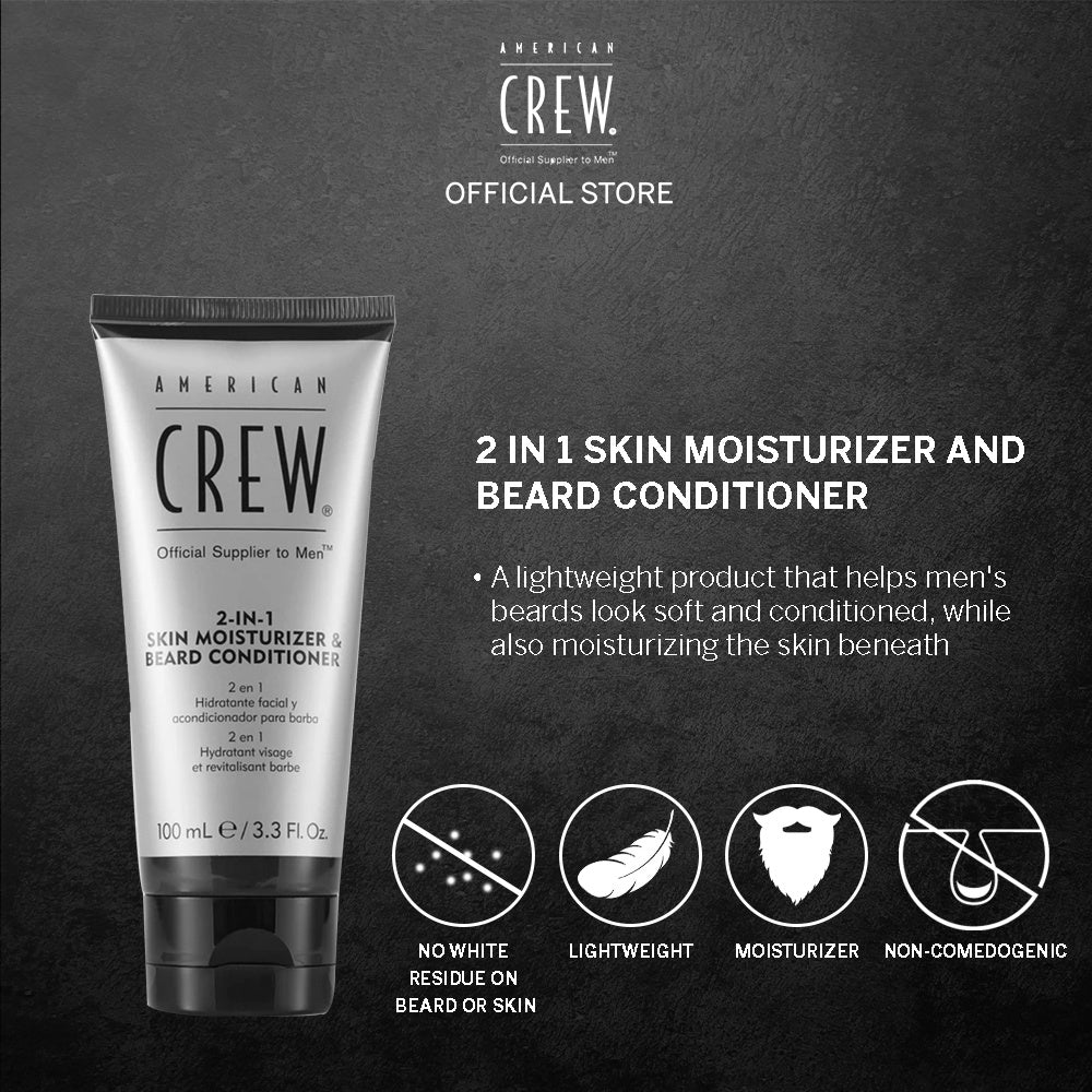 White tube with black cap labeled American Crew Official Supplier to Men, 2-IN-1 Skin Moisturizer & Beard Conditioner, 100 mL / 3.3 Fl. Oz, shown on a dark background with the American Crew logo and icons reading No White Residue on Beard or Skin, Lightweight, Moisturizer, and Non-Comedogenic.