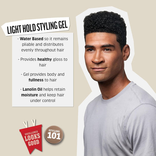 Infographic for American Crew Light Hold Styling Gel highlighting its water-based, lanolin oil formula, beside a photo of a man with curly hair