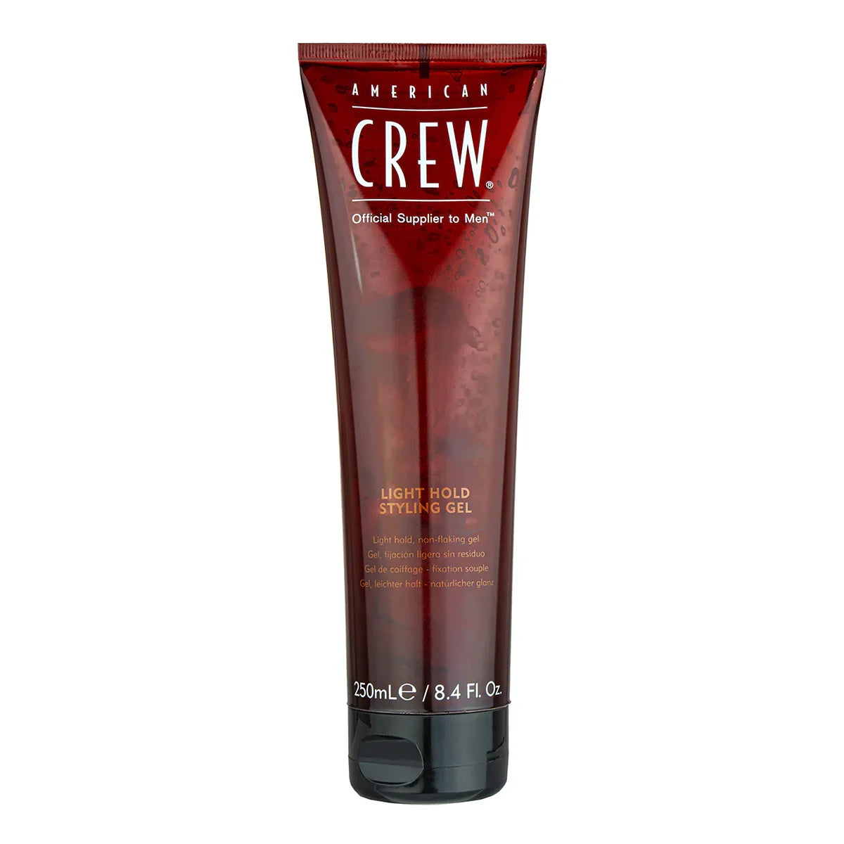 American Crew Light Hold Styling Gel 250ml tube, dark red packaging with white American Crew logo