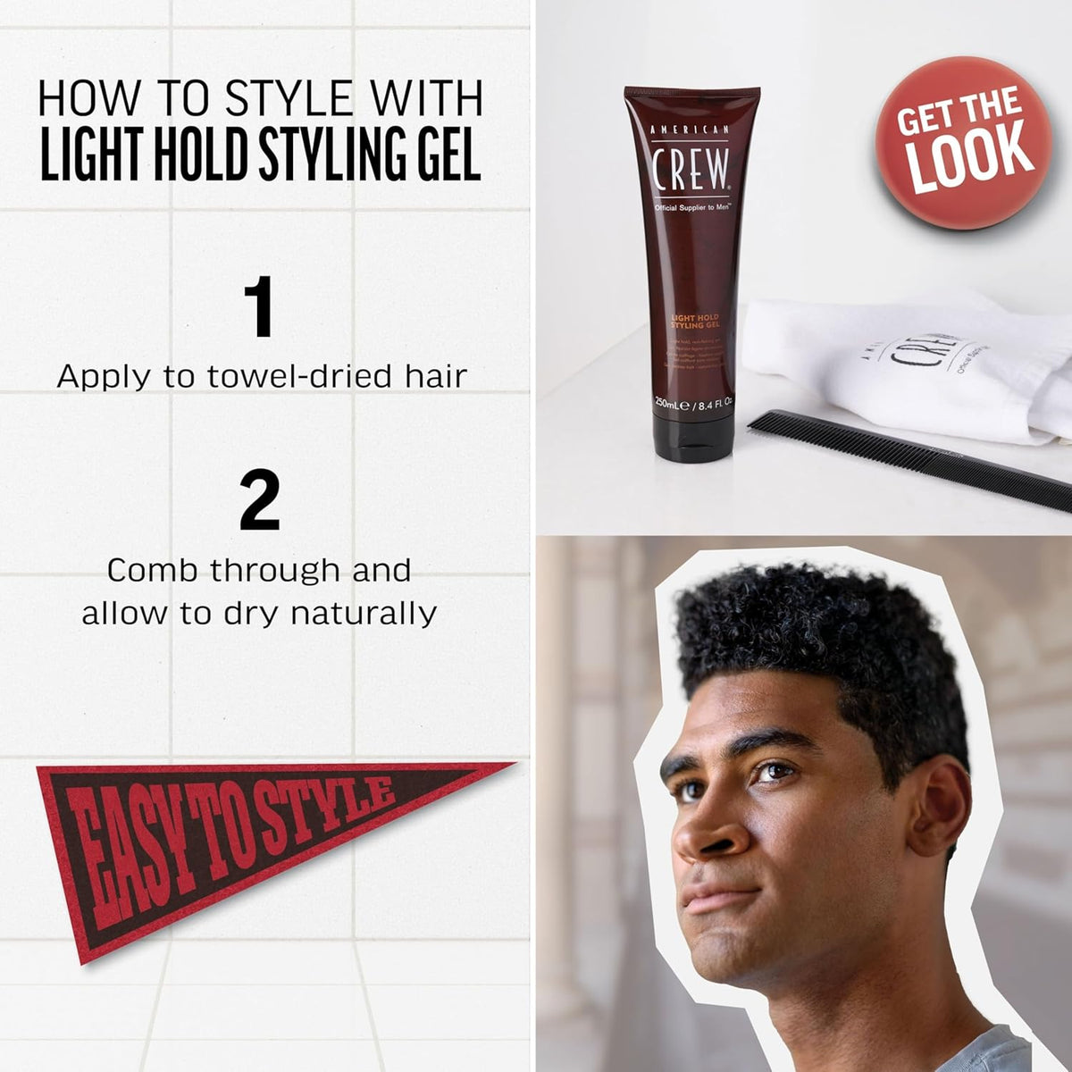 Two-step how-to-style infographic for American Crew Light Hold Styling Gel, with product tube and comb, and a photo of a man with styled curly hair