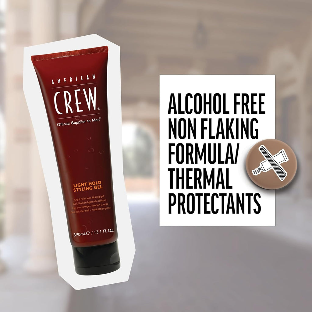 American Crew Light Hold Styling Gel 390ml tube beside text reading Alcohol Free, Non-Flaking Formula, Thermal Protectants