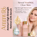 Pink dropper bottle with gold collar and white dropper cap labeled Ammuri High Strength Retinol 3.5%, next to its pink box and a woman touching her face, with graphic droplets labeled Retinol, Niacinamide, and Hyaluronic Acid, and overlaid text reading Reveal Youthful, Clear Skin and High Strength Retinol 3.5% Age Defying Face Serum for Wrinkles, Acne, & Uneven Skin Tone.