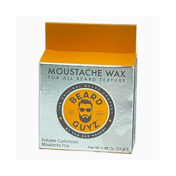 Silver and orange box labeled Beard Guyz Moustache Wax For All Beard Texture, with a bearded-man logo, text noting it includes a customized moustache pick, Net Wt. 0.88 Oz (25g), on a white background.