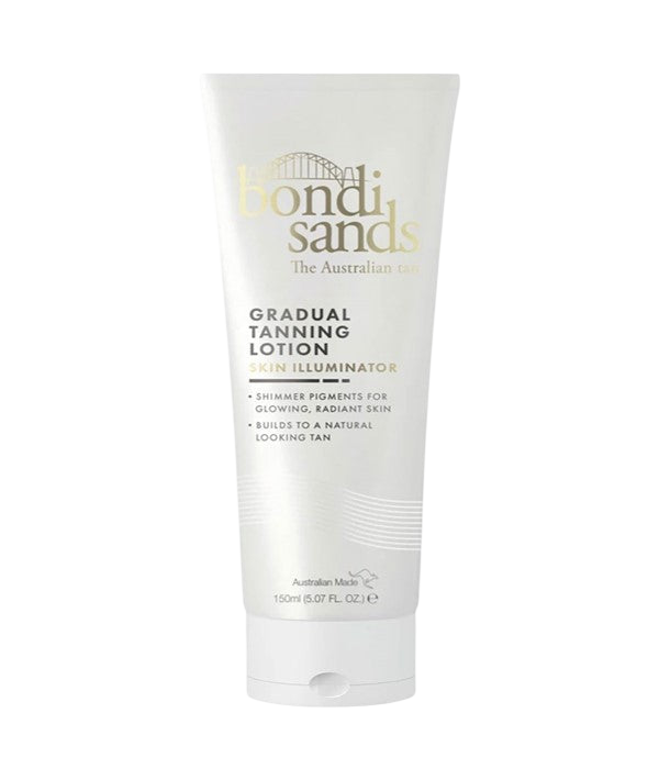 White squeeze tube labeled bondi sands The Australian tan, Gradual Tanning Lotion Skin Illuminator, with text noting shimmer pigments and a natural looking tan, 150ml, on a plain light gray background.