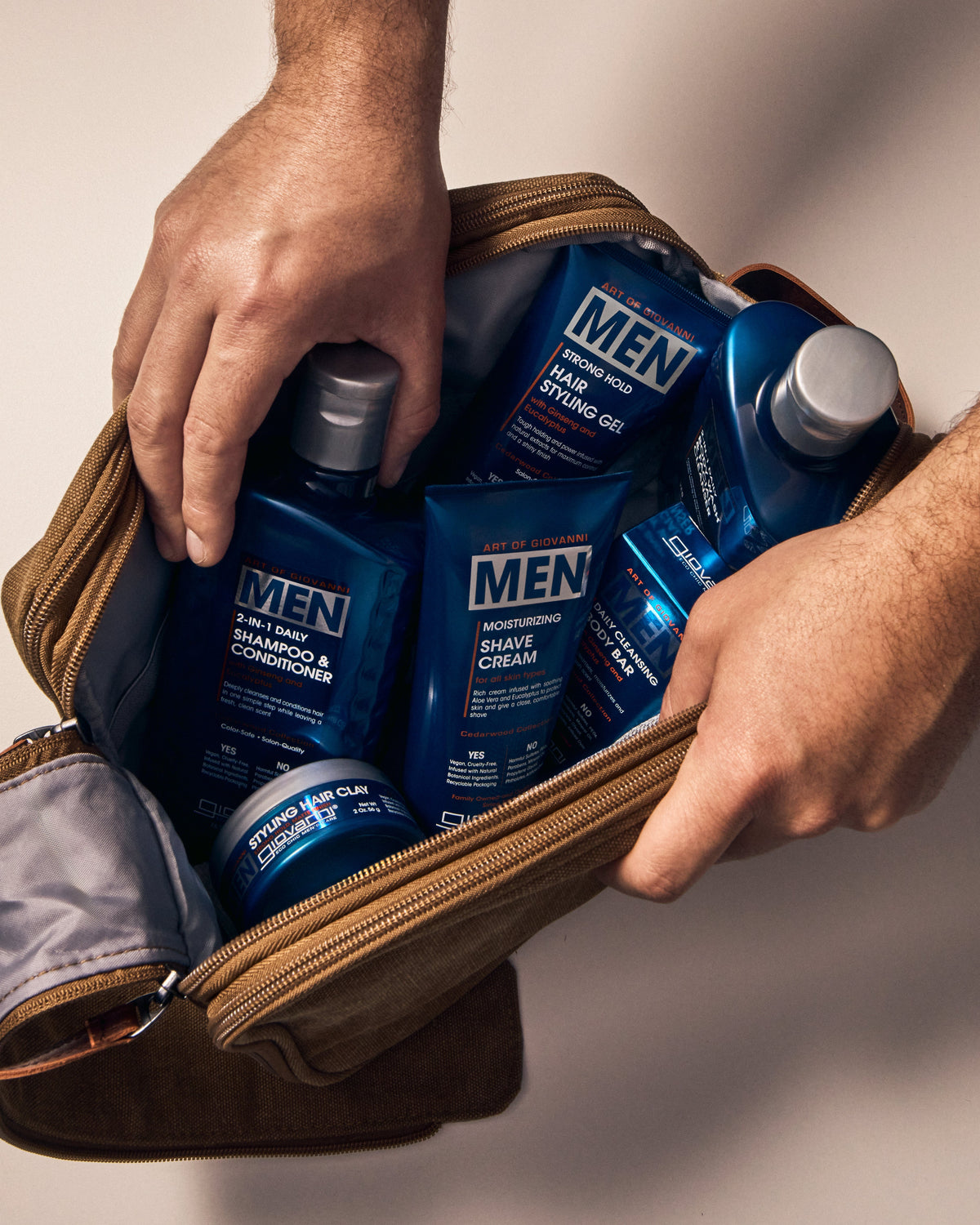 Giovanni Men Moisturising Shave Cream - travel bag lifestyle shot