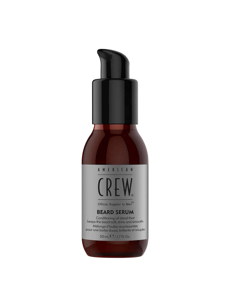 Amber dropper-pump bottle with a black pump top, labeled American Crew Beard Serum 50mL, on a light grey backdrop.