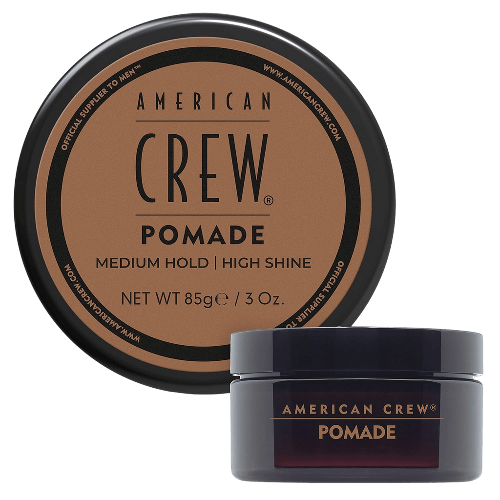 Dark round jar with tan lid labeled American Crew Pomade, Medium Hold | High Shine, Net Wt 85g / 3 Oz, shown top-down beside a smaller side view of the closed jar, on a light gray background.
