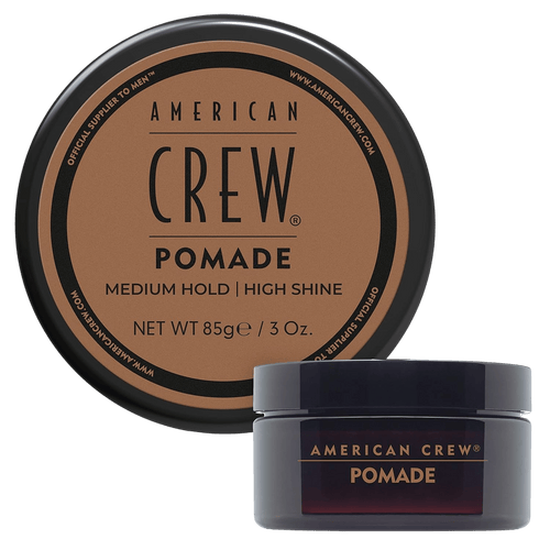 Dark round jar with tan lid labeled American Crew Pomade, Medium Hold | High Shine, Net Wt 85g / 3 Oz, shown top-down beside a smaller side view of the closed jar, on a light gray background.