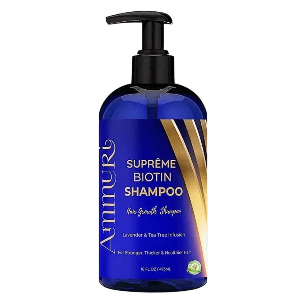 Ammuri Supreme Biotin Shampoo in a blue pump bottle