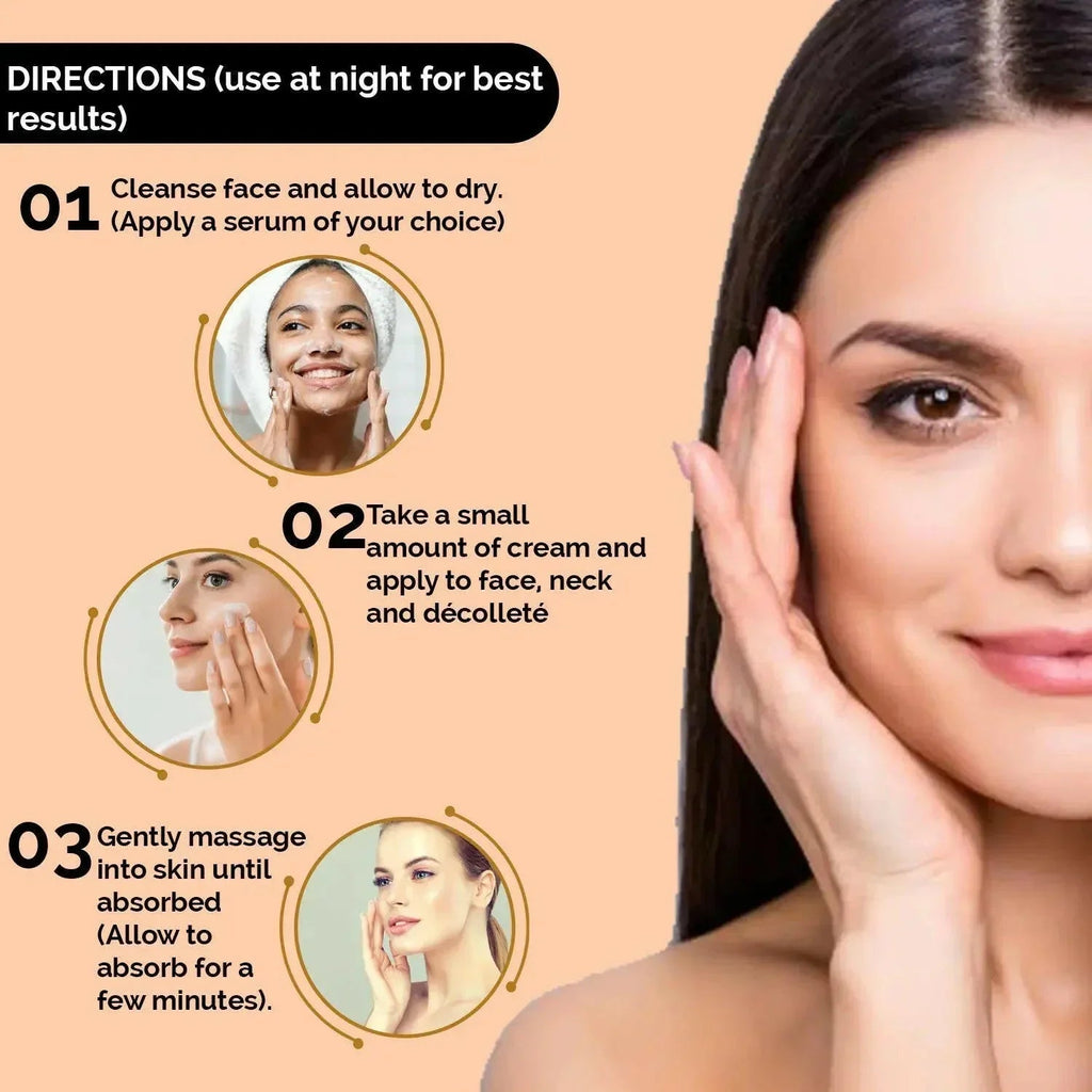 Directions graphic for Ammuri Apple Stem Cell Anti-Ageing Cream showing three steps: cleanse the face, apply a small amount to face, neck and décolleté, then massage gently until absorbed, beside a woman with her hand at her cheek on a peach background