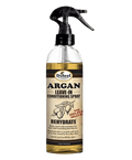 Clear plastic spray bottle with a black trigger nozzle, filled with amber liquid, labeled "Difeel Argan Leave-In Conditioning Spray with 100% Pure Argan Oil, Rehydrate", against a plain light gray background.