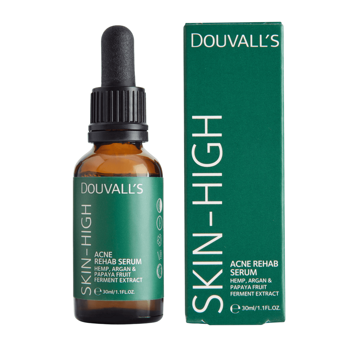 Amber dropper bottle with a black dropper cap and a green label reading Douvall's Argan Blemish-Prone Skin Serum, Hemp, Argan & Papaya Fruit Ferment Extract, 30ml, standing beside its matching green box, on a light grey backdrop.