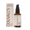 Douvalls cold-pressed argan oil moisturiser 50ml in an amber glass pump bottle beside its cream box on a light grey background