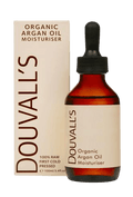 Amber glass dropper bottle with a cream label and its matching cream carton, both reading Douvall's Organic Argan Oil Moisturiser, 100ml