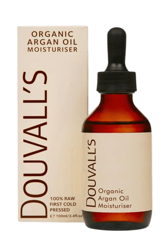 Amber glass dropper bottle with a cream label and its matching cream carton, both reading Douvall's Organic Argan Oil Moisturiser, 100ml