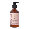 Amber pump bottle with a black pump top and a pink label reading Douvall's Argan and Ungurahua Oil Shampoo, 275ml, on a light grey backdrop.