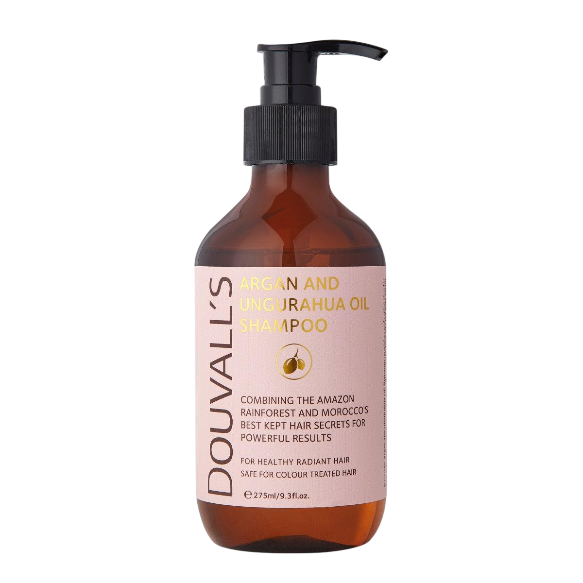 Amber pump bottle with a black pump top and a pink label reading Douvall's Argan and Ungurahua Oil Shampoo, 275ml, on a light grey backdrop.