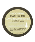 Round dark-brown jar lid viewed straight-on, with a cream label reading "Smoothing Castor Oil Leave-In Conditioner for all hair types, Giovanni Eco Chic Hair Care, Family Owned and Operated, Since 1979", on a plain light gray background.