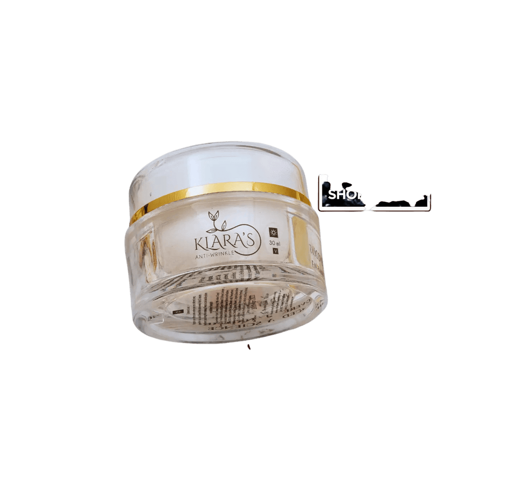 Round glass cosmetic jar with a gold band and white lid, labeled Klara's Anti-Wrinkle, 30ml, photographed at an angle on a light gray background.