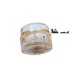 Round glass cosmetic jar with a gold band and white lid, labeled Klara's Anti-Wrinkle, 30ml, photographed at an angle on a light gray background.