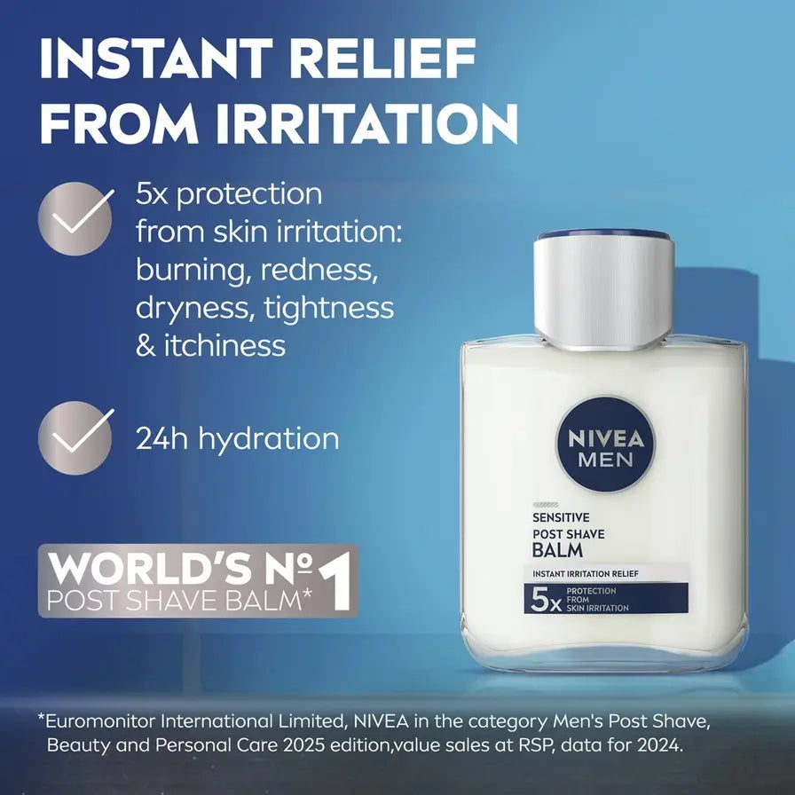 White Nivea Men Sensitive Post Shave Balm bottle with silver cap, shown against a blue background with large overlaid marketing text reading Instant Relief From Irritation, 5x protection from skin irritation, 24h hydration, and World's No.1 Post Shave Balm.