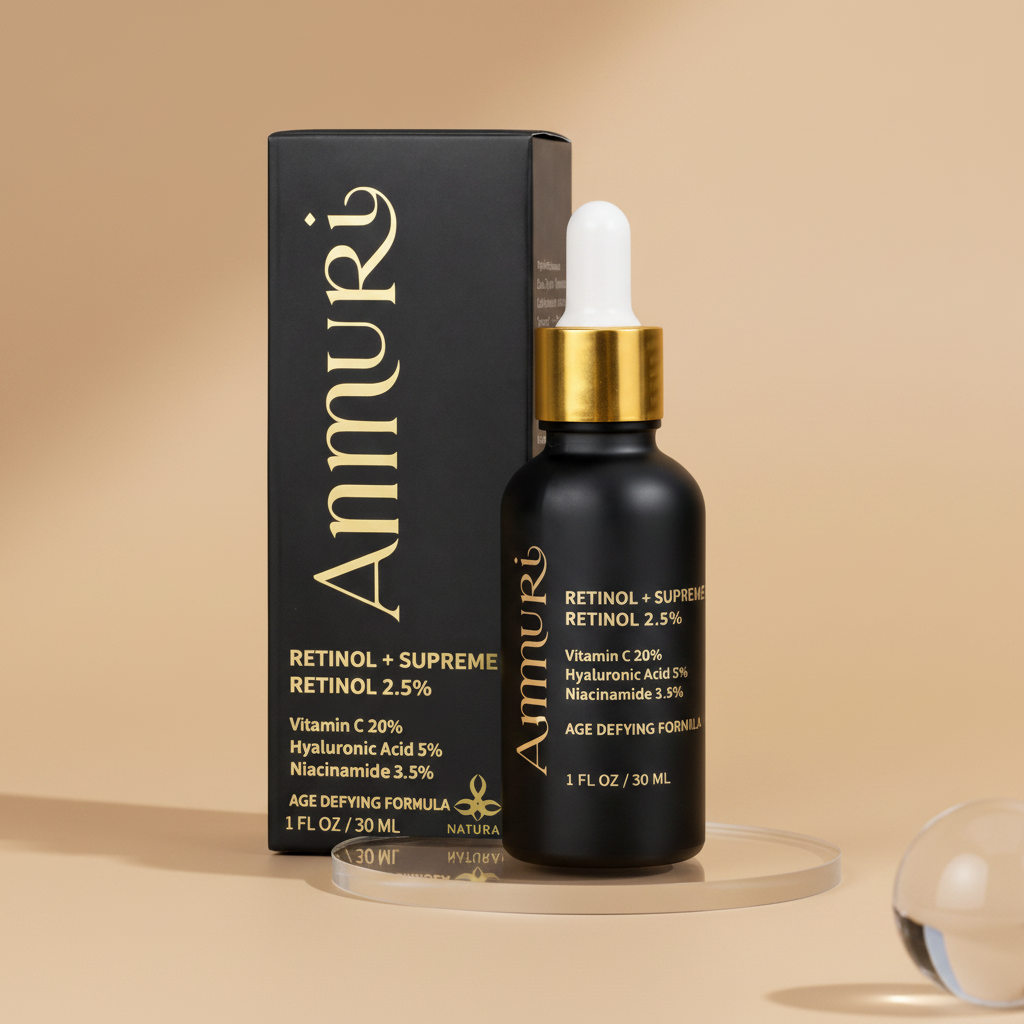 Black glass dropper bottle with a gold collar labeled Ammuri Retinol + Supreme Retinol 2.5%, Vitamin C 20%, Hyaluronic Acid 5%, Niacinamide 3.5%, Age Defying Formula, 1 FL OZ/30 ML, standing beside its matching black and gold box on a beige surface with a glass sphere prop.