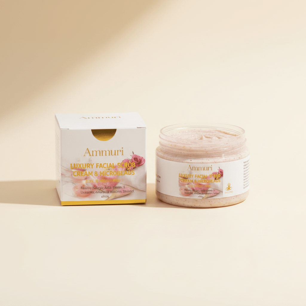 Open jar of pink-beige scrub cream with visible exfoliating beads, labeled Ammuri Luxury Facial Scrub Cream & Microbeads with a rose graphic, standing beside its matching white and gold retail box, on a beige background.